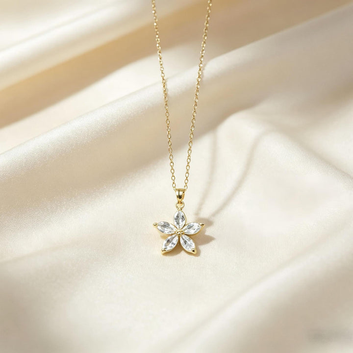 Marquise Diamond 5-Petal Flower Collarbone Necklace, Multi-color Dainty Floral Chain, Gold & Silver Two-Tone Elegant Ladies Jewelry