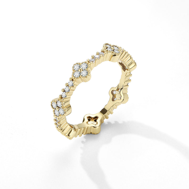 Four-Leaf Clover Pavé Gear Edge Ring Set (Luxury Vintage Lucky Band)