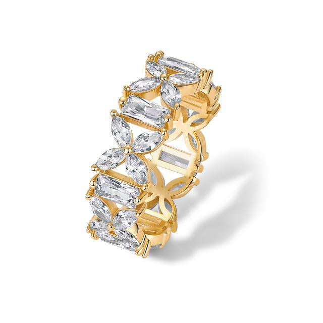 Marquise & Baguette Alternate Flower Full Eternity Ring, Open Clover Diamond Band Gold Silver Luxury Women Statement Jewelry