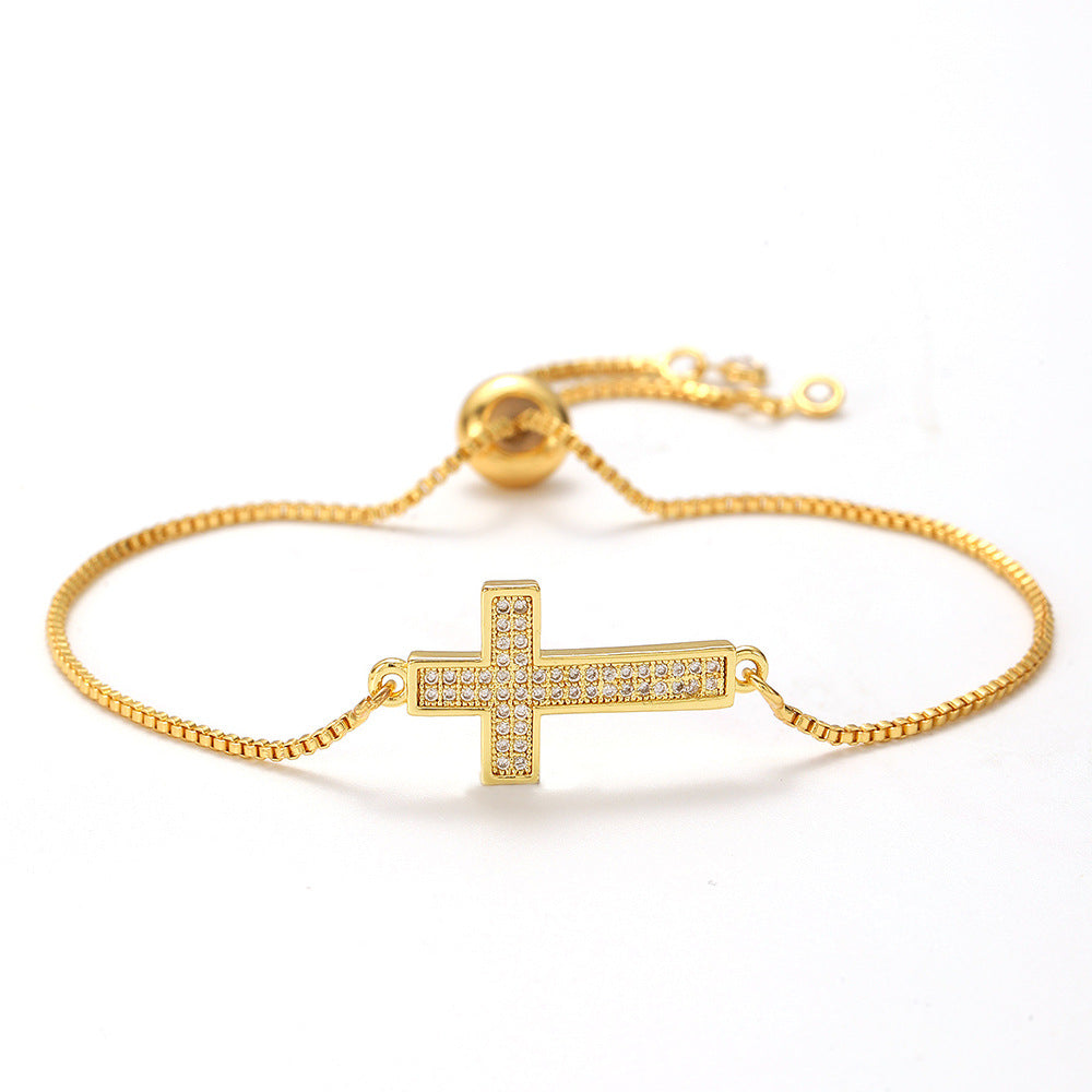 Openwork cross zircon micro-pave bracelet, waterproof and hypoallergenic jewelry for women.