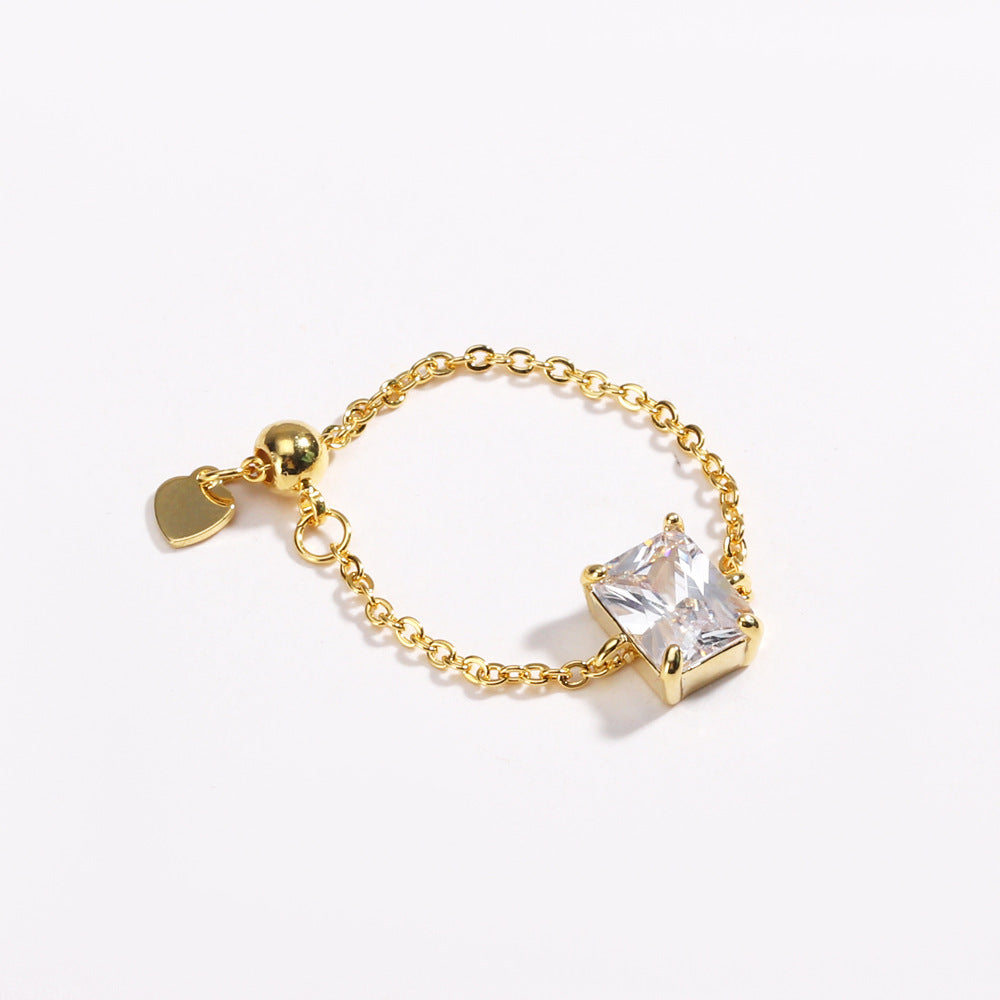 18K Gold Adjustable Chain Ring with Emerald-Cut Green Zircon