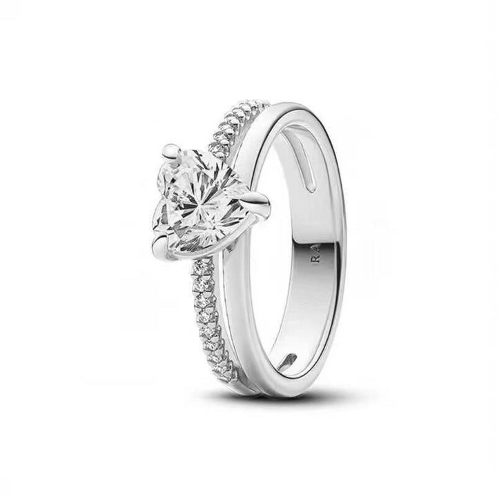 Heart Center Stone Double Layer S925 Silver Ring, 3-Prong Heart Diamond Luxury Band Multiple Colors Available