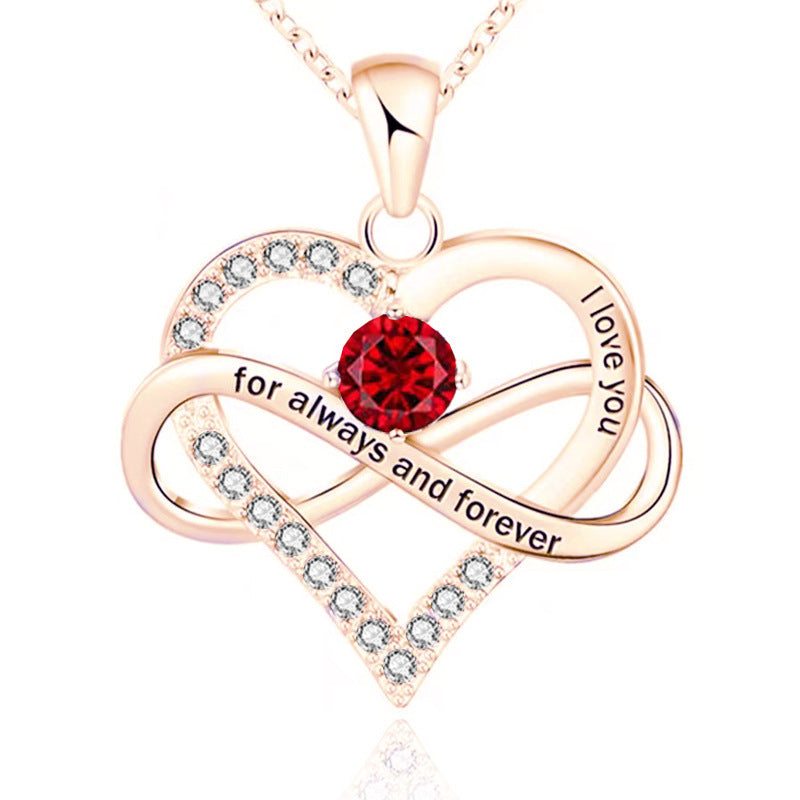 Infinity Intertwined Heart Engraved Birthstone Necklace, Eternal Love Heart Pendant Clavicle Chain with Birthstone