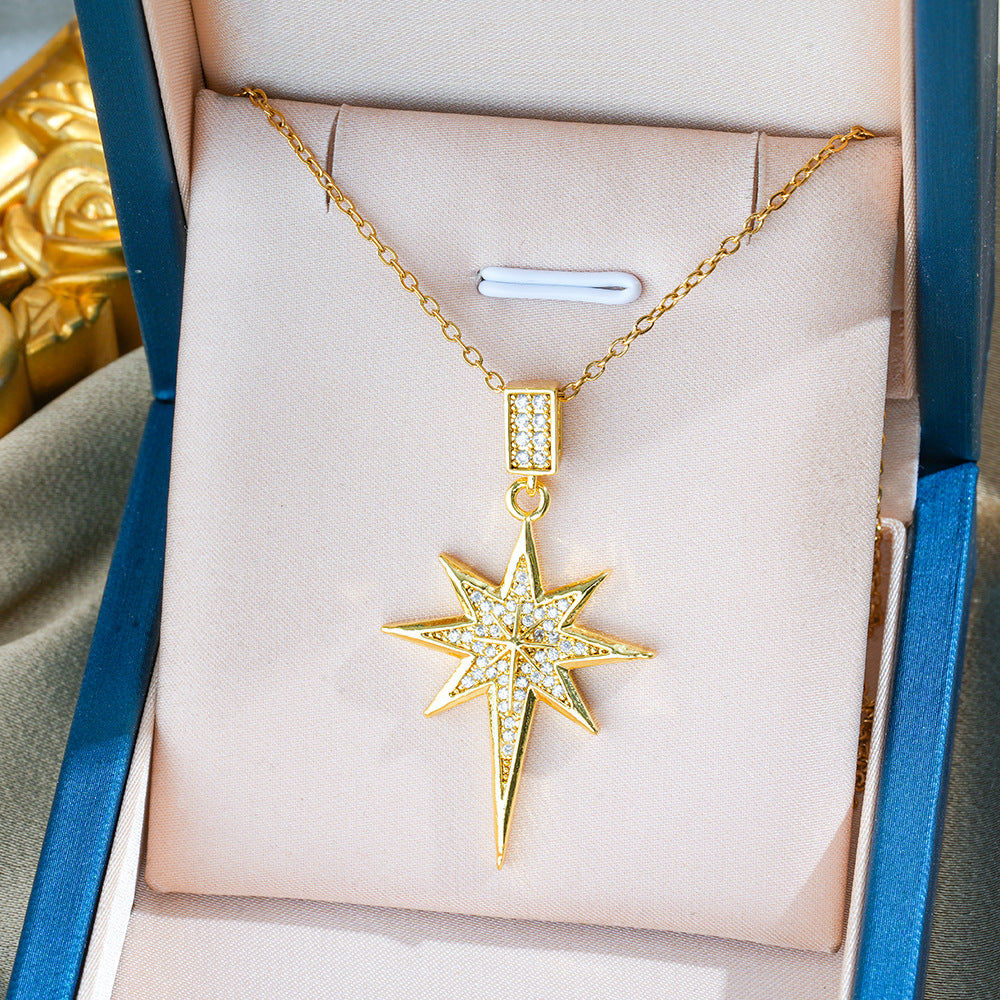 Full Paved Eight-Pointed Star Pendant Necklace, European Luxury Dainty Shining Star Clavicle Necklace for Women