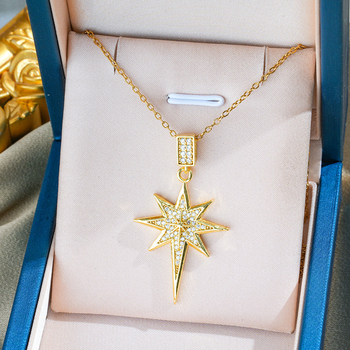 Full Paved Eight-Pointed Star Pendant Necklace, European Luxury Dainty Shining Star Clavicle Necklace for Women