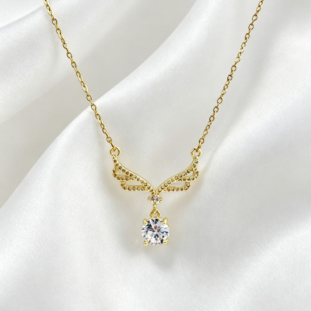 Angel Wing Teardrop Diamond Collarbone Necklace, Multiple Wing Styles Pink & White Diamond 14K Gold Plated Dainty Ladies Necklace