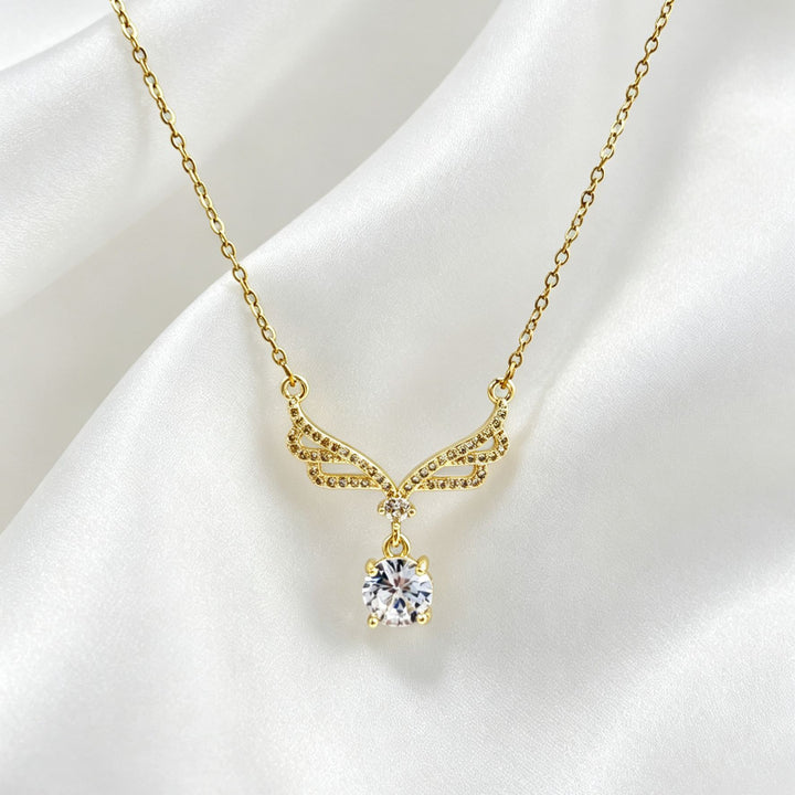Angel Wing Teardrop Diamond Collarbone Necklace, Multiple Wing Styles Pink & White Diamond 14K Gold Plated Dainty Ladies Necklace