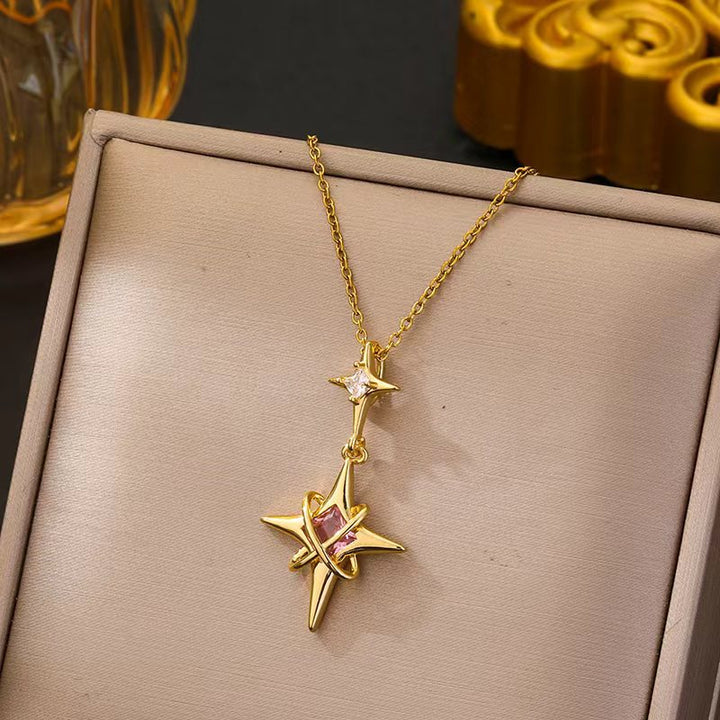 Pink Diamond Double Star Pendant Necklace, Unique North Star Collarbone Chain, Gold & Silver Tone Available
