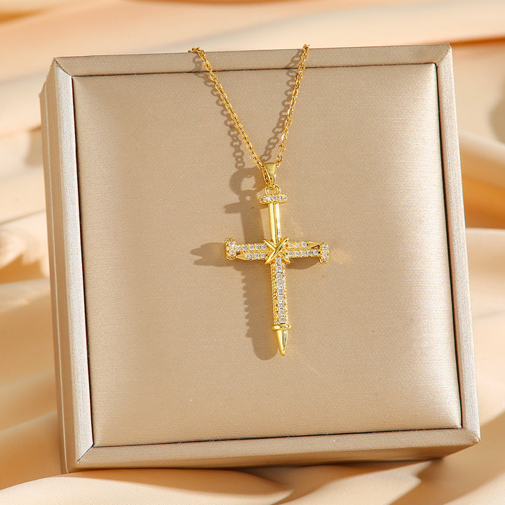 Nail‑Shaped Full‑Paved Diamond Cross Necklace, S925 Silver Two‑Tone Faith Pendant Necklace