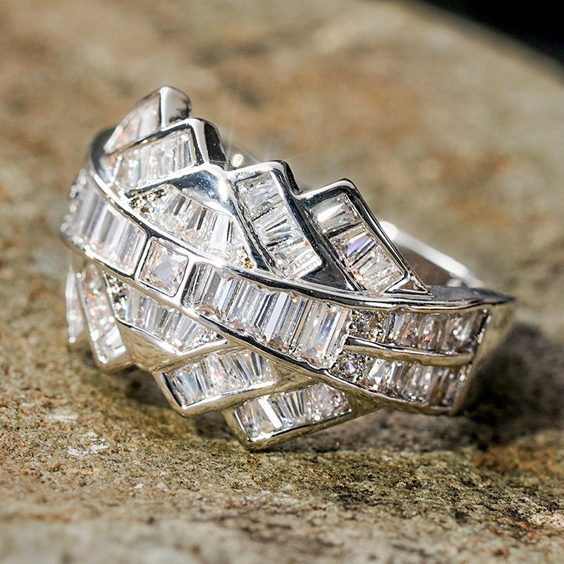 Double Layer Interwoven Baguette Diamond Wavy Wide Ring, Solid S925 Silver Gold & Silver Two-Tone Luxury Heavy Pave Band