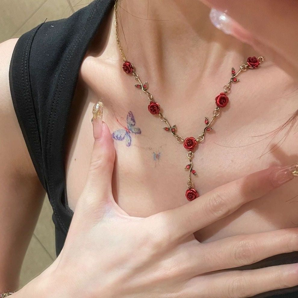 Vintage Red Rose Jewelry Set, S925 Silver Stud Earrings Rose Necklace & Bracelet 3Pcs Set