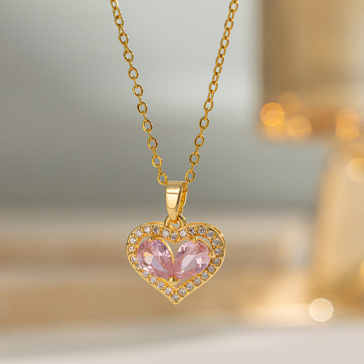 Two‑Stone Combined Heart Pendant Necklace, Multi‑Color Options