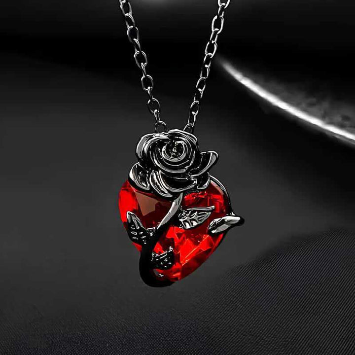 Rose-Wrapped Red Heart Diamond Necklace (2 Colors Dark/Romantic Style Pendant)