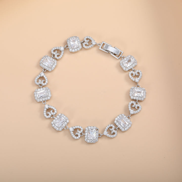 Heart & Rectangle Alternating Luxury Bracelet, 3 Styles Silver/Gold/Multi-Color Gem Women Jewelry