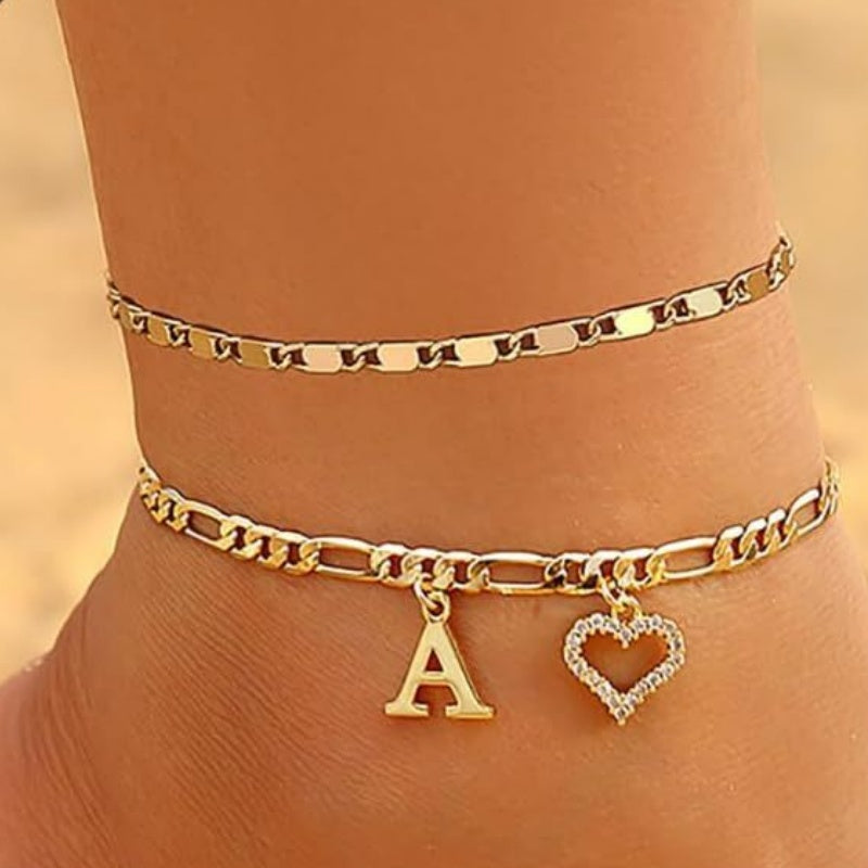 Double Layer Initial & Heart diamond Anklet (Gold Personalized Foot Jewelry)