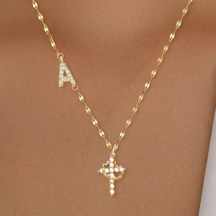 Diamond Initial & Cross Double Pendant Necklace (26 Letters Gold Tone Lip Chain)