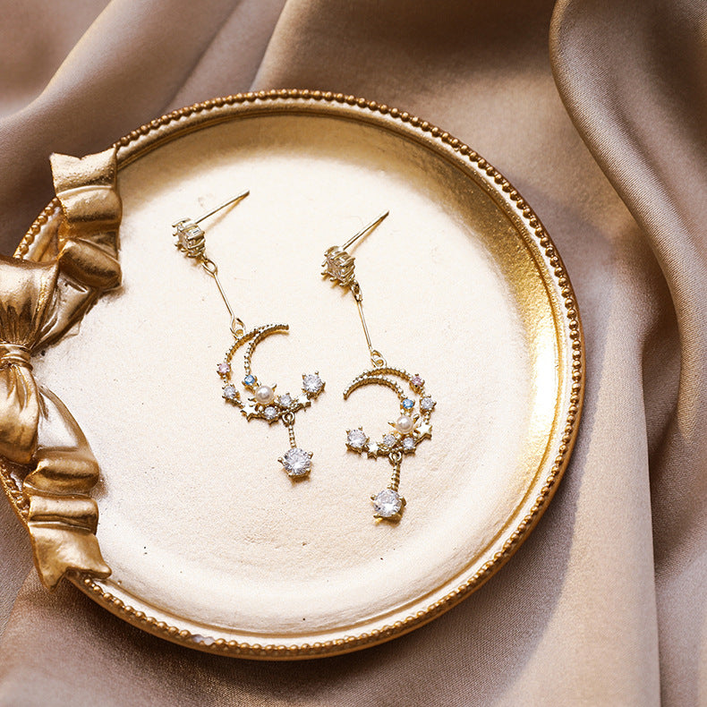 S925 Silver Star & Moon Color Diamond Pearl Drop Earrings, Dreamy Hollow Crescent Long Dangle Earrings