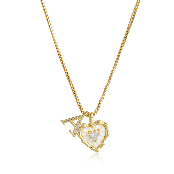 White Shell Heart Initial Necklace, Wavy Edge Mother of Pearl Pendant with Heart Diamond, Custom 26 Letters Gold Box Chain