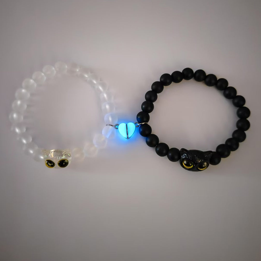 Luminous Heart Magnetic Cat Couple Bracelets, Black & White Matte Bead Matching Pair Bangle