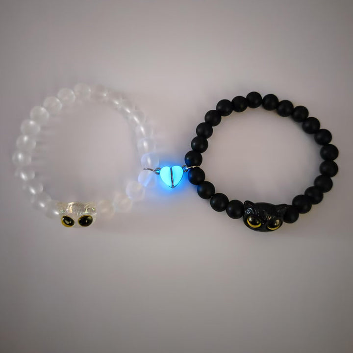 Luminous Heart Magnetic Cat Couple Bracelets, Black & White Matte Bead Matching Pair Bangle