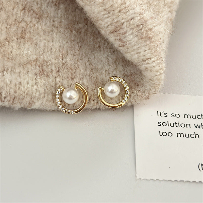 Crescent Paved Diamond Pearl S925 Silver Stud Earrings, Minimalist Luxury C-shaped Pearl Small Earrings