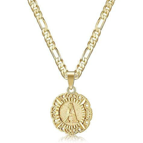 Vintage Lace Round 26 Letter Figaro Necklace, 14K Gold Plated Personal Initial Pendant Clavicle Chain