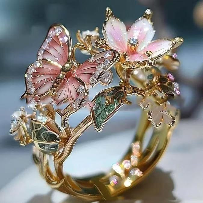 Enamel Butterfly & Flower 3D Open Ring, 3-Tone Vintage Forest Style Paved Diamond Artistic Statement Ring for Women