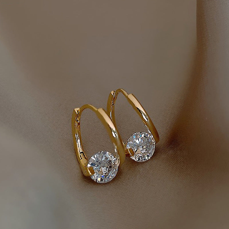 Rotatable Round Diamond Hoop Earrings, Minimalist Circle Single Diamond Earrings, Gold & Silver Two Tones Available