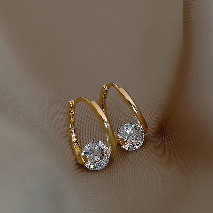 Rotatable Round Diamond Hoop Earrings, Minimalist Circle Single Diamond Earrings, Gold & Silver Two Tones Available