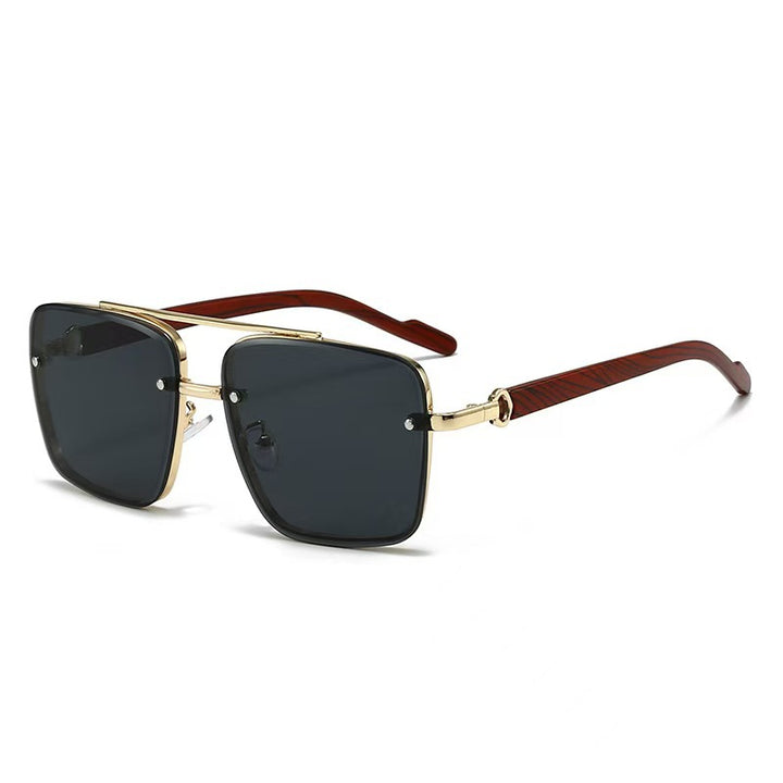Vintage Double Rim Half-Rim Wood Grain Metal Aviator Sunglasses, Multi Gradient Lens Outdoor Shades