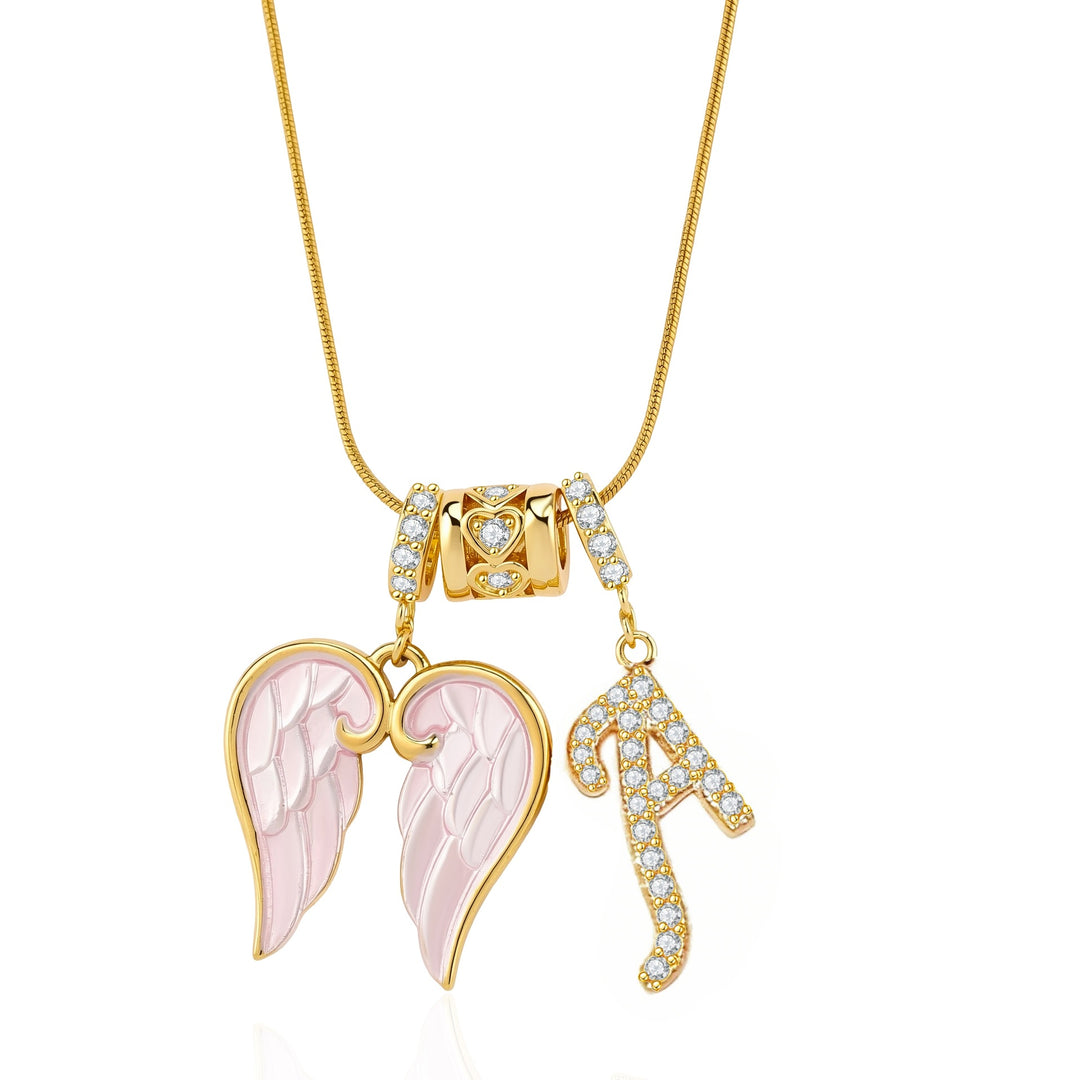 Pink Enamel Angel Wing Initial Necklace, Custom 26 Letters Gold Plated Diamond Pendant