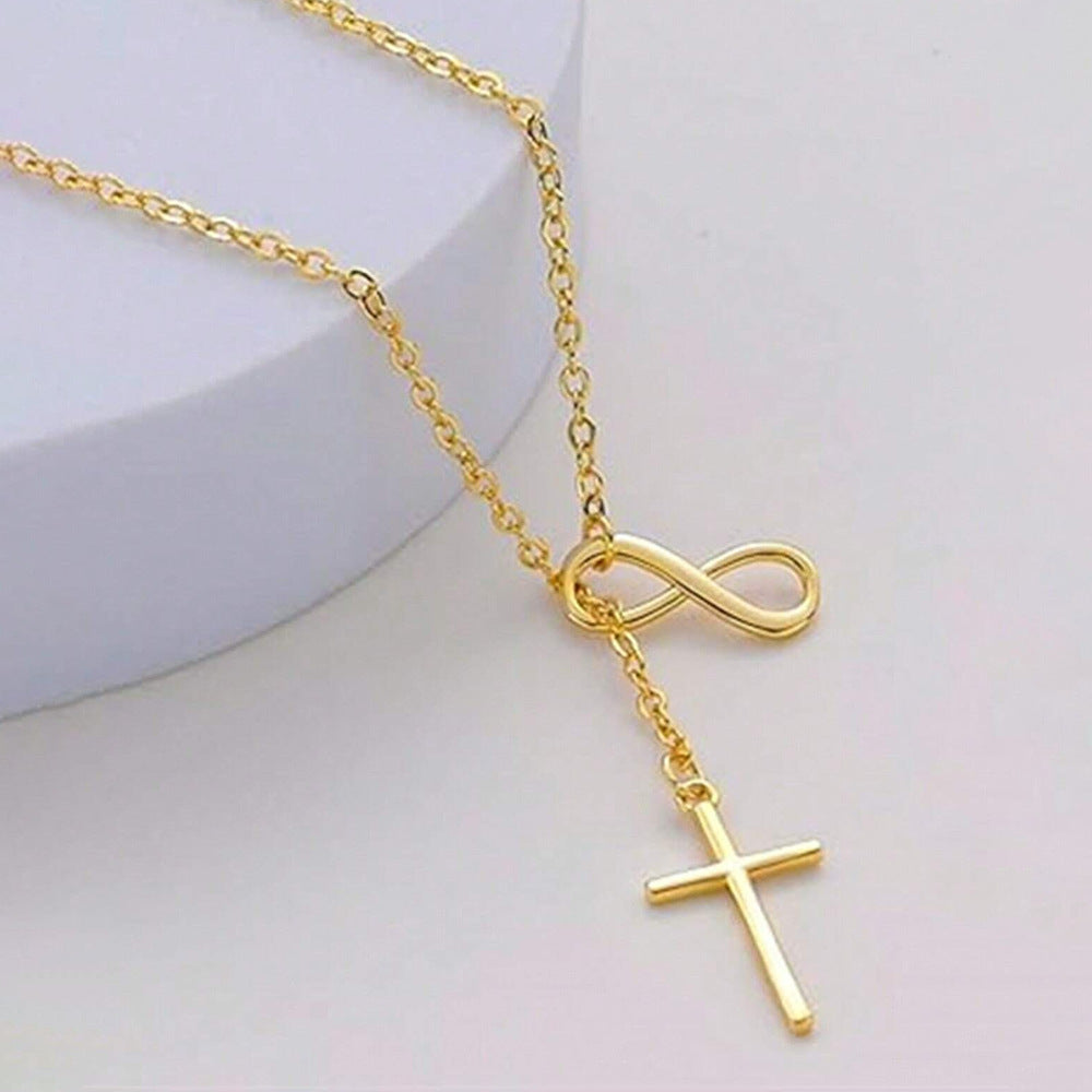 Infinity Symbol Cross Y-Drop Thin Necklace, Gold & Silver Eternal Faith Minimal Clavicle Chain