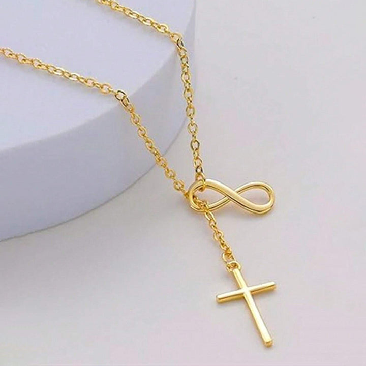 Infinity Symbol Cross Y-Drop Thin Necklace, Gold & Silver Eternal Faith Minimal Clavicle Chain