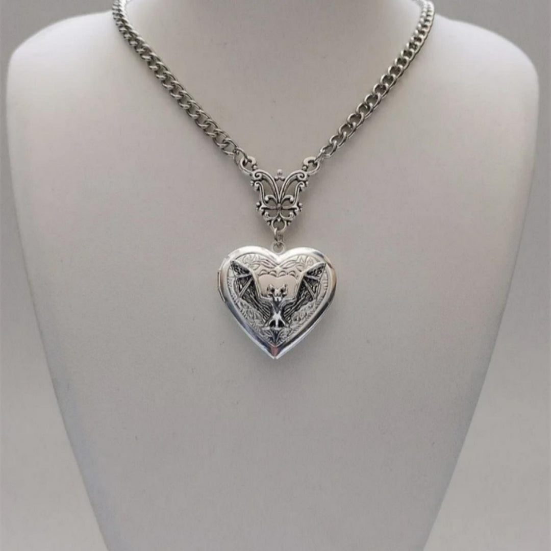 Gothic Bat Heart Locket Necklace (2 Styles Punk Statement Pendant)