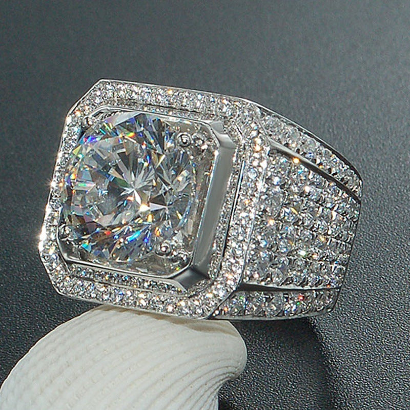 Heavy Square Halo Main Stone Men Ring, European Wide Full Paved Diamond Business Statement Band for Men