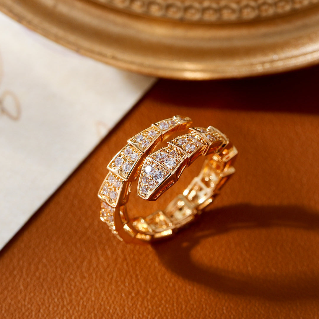 Full Pave Diamond Snake Open Ring, Gold & Silver Tone Luxury Segmented Serpent Band