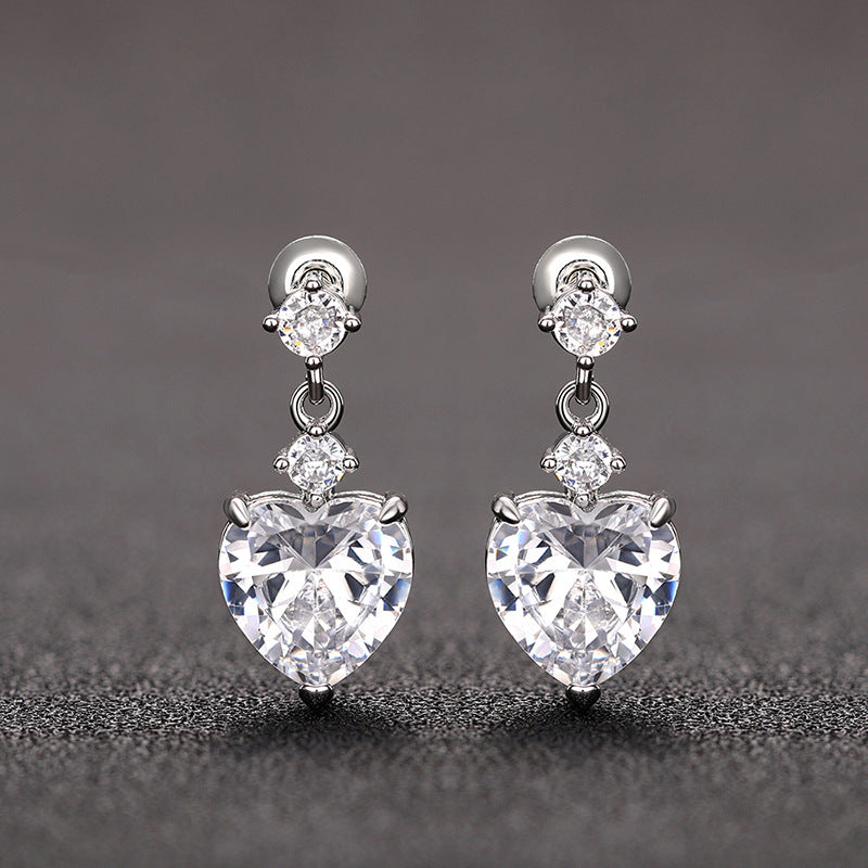 3-Stone Heart Diamond Dangle S925 Silver Stud Earrings, Multi-color Heart Cut Main Stone Luxury Earrings