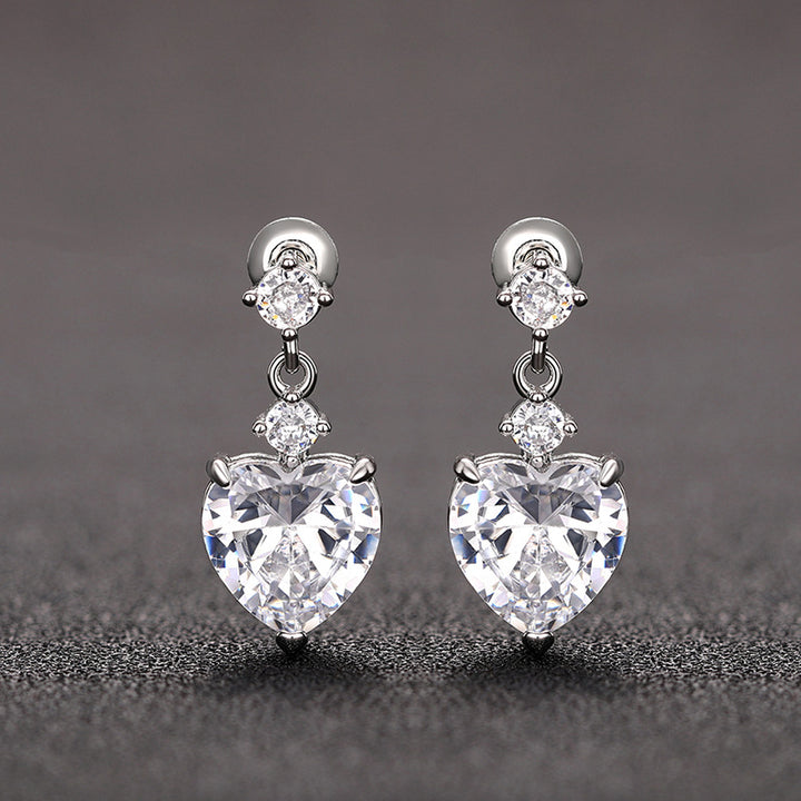3-Stone Heart Diamond Dangle S925 Silver Stud Earrings, Multi-color Heart Cut Main Stone Luxury Earrings