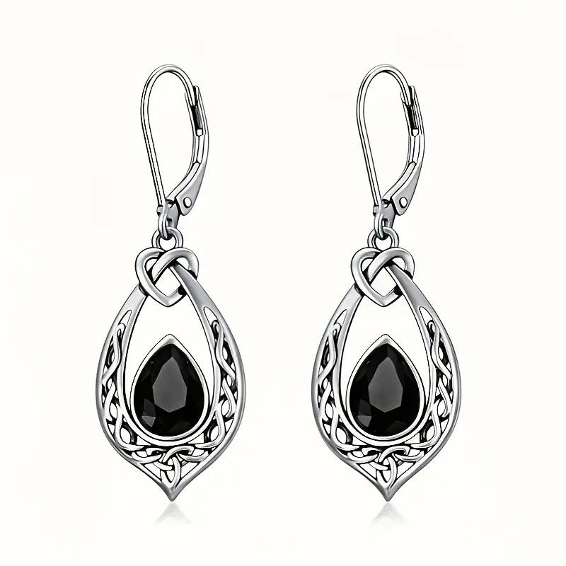 Vintage Celtic Knot Teardrop Black Agate Drop Earrings, Antique Hollow Gothic Leverback Earrings for Women