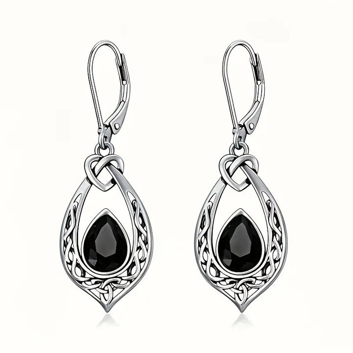 Vintage Celtic Knot Teardrop Black Agate Drop Earrings, Antique Hollow Gothic Leverback Earrings for Women