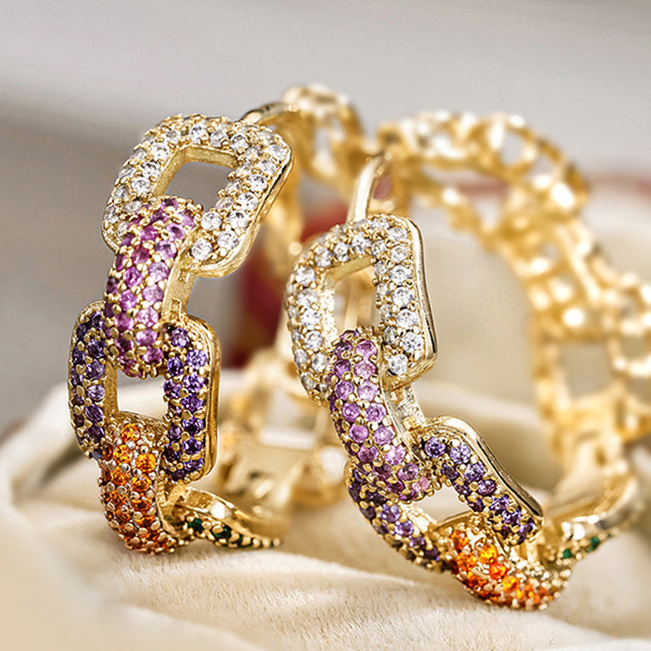 Chunky Chain Color Gradient Paved Hoop Earrings, Hip Hop Geometric Link Luxury Leverback Earrings for Women