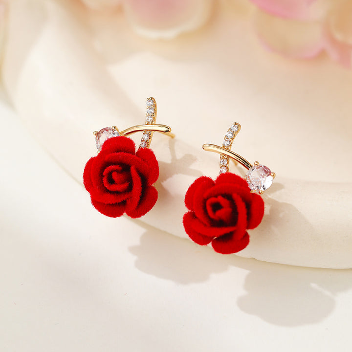 Flocking Rose Pearl Hook Earrings, Gentle Red & Pink Rose Diamond Long Dangle Earrings, Two Colors Available