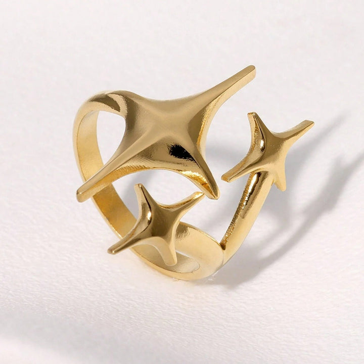 3D Triple Four-Pointed Star Open Ring, S925 Silver 14K Gold Plated Minimalist Star Statement Band For Women