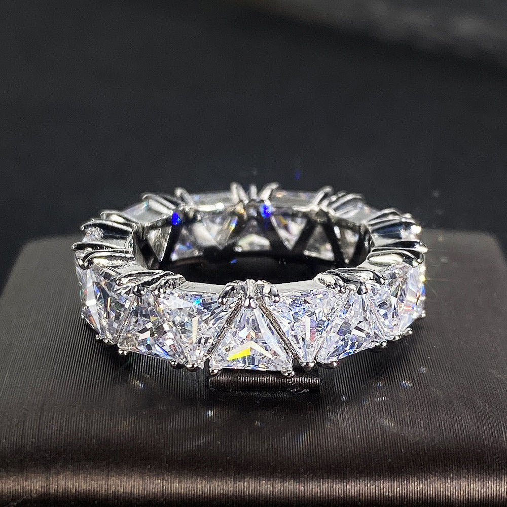Triangle Cut Full Eternity Band Ring, Solid S925 Silver 4 Color Options Heavy Full Pave Crystal Stackable Band