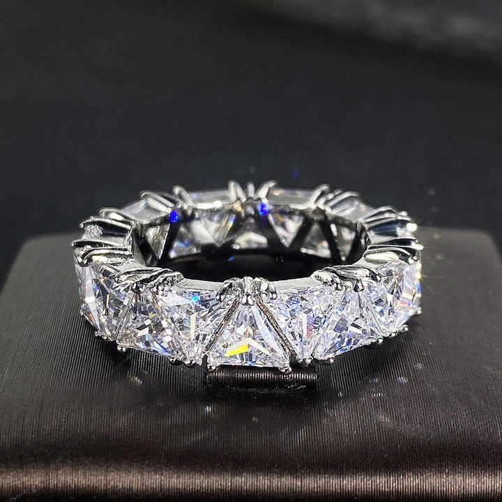 Triangle Cut Full Eternity Band Ring, Solid S925 Silver 4 Color Options Heavy Full Pave Crystal Stackable Band