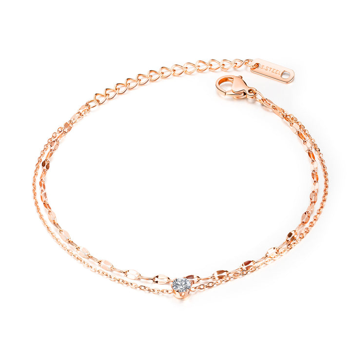 Double Layer Shiny Chain Single Diamond Anklet, Gold Silver Rose Gold Adjustable Summer Beach Ankle Jewelry for Women