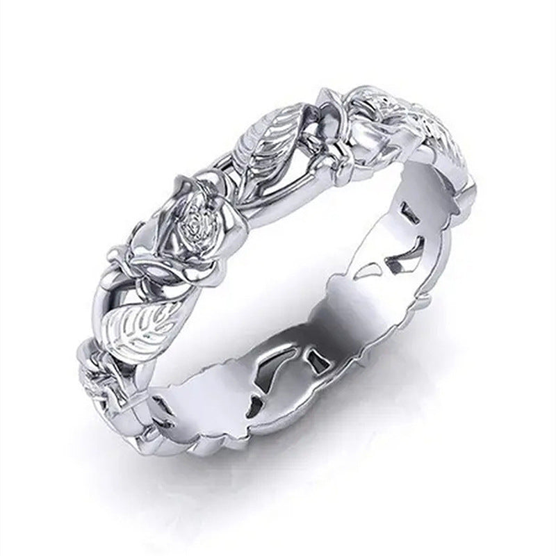 Vintage 3D Rose Vine Ring, European Hollow Carved Floral Unique Statement Band