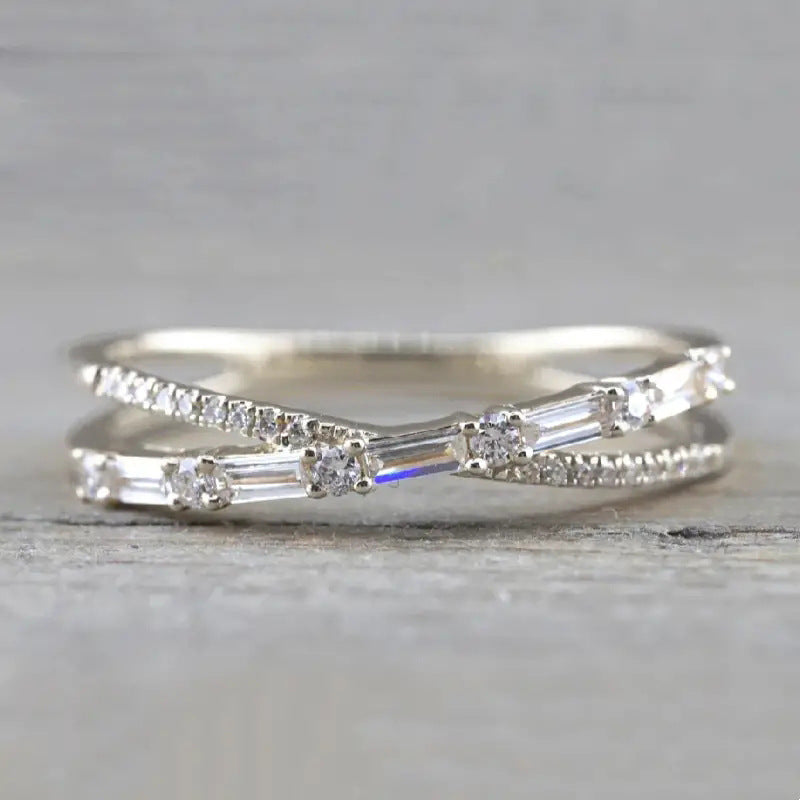 Twisted Baguette Diamond Thin Ring, Minimalist Stackable Paved Band, Gold Silver Black Three Tones Available