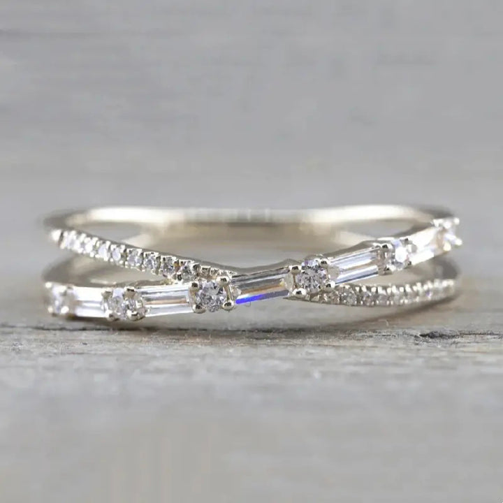 Twisted Baguette Diamond Thin Ring, Minimalist Stackable Paved Band, Gold Silver Black Three Tones Available