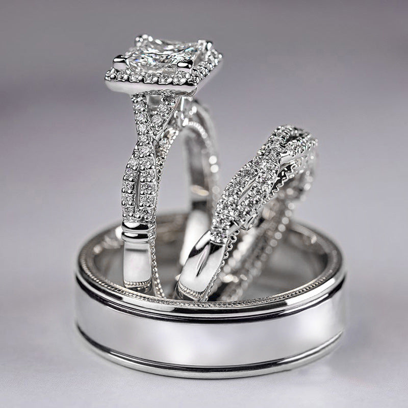 Princess Cut Twisted Paved Three-Piece Wedding Ring Set, Gold Silver Rose Gold Luxury Engagement Matching Ring Set